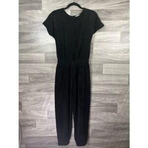 Downeast Womens Jumpsuit Black Drawstring Waist Scoop Short Sleeve Button XS